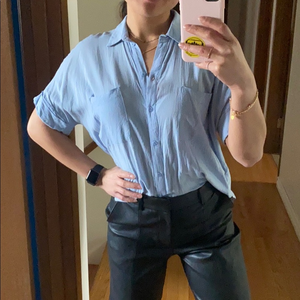 Top shop baby blue button up t shirt blouse